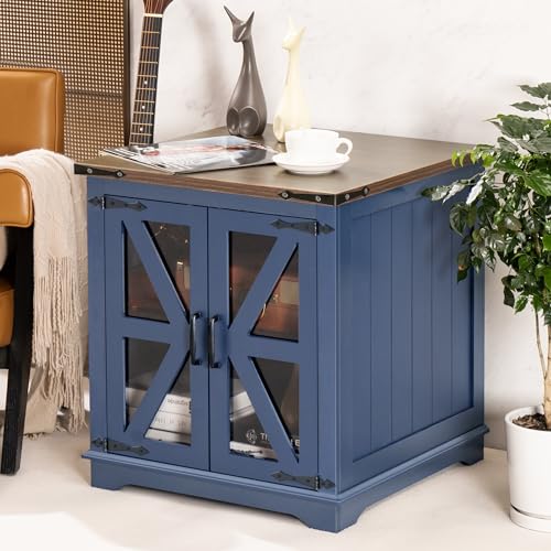 Beroxii Farmhouse End Table, 24" Large End Tables with Storage, Rustic Square Sofa Beside Table with Glass Barn Door, Wood Side Table Square Nightstand for Living Room, Bedroom, Office (Navy Blue) BEROXII