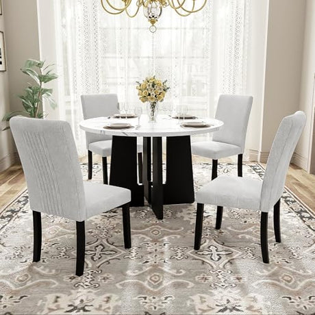 Merax 5-Piece Round Dining Table Set, Modern 4 Upholstered Chairs for Living,Kitchen Room, 43 Inch, Beige+White Merax