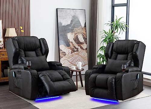 Oprisen Power Recliner Chair Set of 2 Overstuffed Home Theater Seating w/Heat Massage Electric Movie Gaming Sofa Reclining Sleeper Chair with LED Light/Lumbar Pillow/USB Port/Cup Holders Oprisen