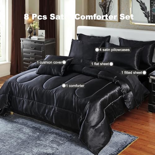 Bedding_Dreamer Black Silky Comforter Set Satin King Bed in a Bag 8 Pieces Luxury Hotel Silky Bedding with 1 Comforter, 1 Flat Sheet, 1 Fitted Sheet, 4 Pillowcases, 1 Cushion Cover (King, Black) Bedding_Dreamer