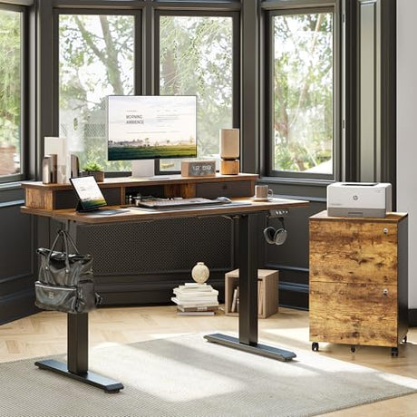 TIQLAB Standing Desk with Two Drawers, Stand Up Standing Desk Adjustable Height, Electric Sit Stand Table with Storage Shelf and Splice Board, 48 * 24 inch, Rustic Brown TIQLAB