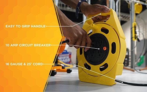 Woods 2801 Extension Reel with Four 3-Prong Power Outlets; Heavy Duty Retractable Cord; User Friendly; Made of Flame Resistant Materials; 10 AMP Circuit Breaker; 25 Foot; Yellow; Orange Woods