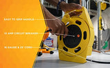 Woods 2801 Extension Reel with Four 3-Prong Power Outlets; Heavy Duty Retractable Cord; User Friendly; Made of Flame Resistant Materials; 10 AMP Circuit Breaker; 25 Foot; Yellow; Orange Woods
