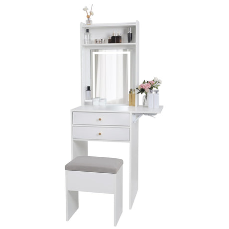 ARTETHYS Small Vanity Desk Set with 3 Adjustable Lighted Mirror and Storage Chair, Makeup Vanity Table for Small Space, White Dressing Table with Fold-up Panel for Bedroom ARTETHYS
