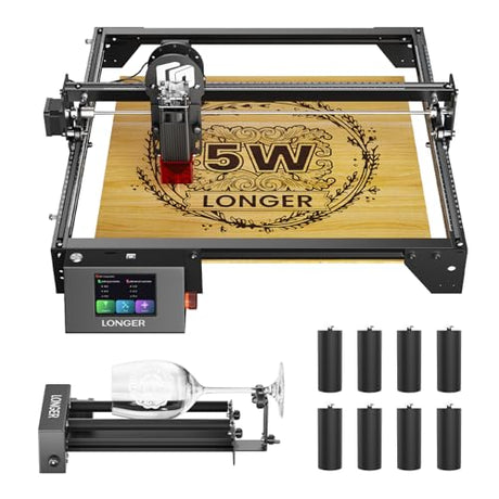 Longer RAY5 5W Laser Engraver with Rotary Roller, 8 Pcs Raiser, 3.5” Color Touch Screen, App Offline Control, DIY Engraver Tool for Metal/Glass/Wood Engraving Area 15.75"x15.75" Longer