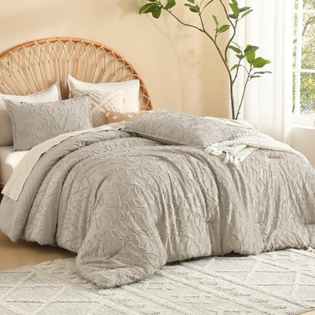 Litanika Queen Size Comforter Set Oatmeal, Beige 3 Piece Boho Tufted Bedding, Khaki Fluffy Farmhouse Bed Set for All Season with 2 Leaf Pattern Pillowcases（90x90In） Litanika