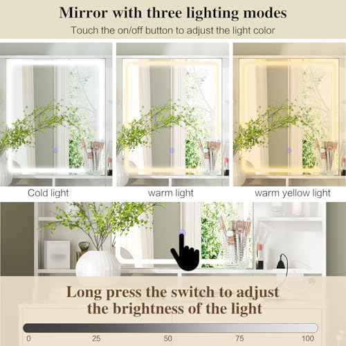 Ieejdn Makeup Vanity Desk with Mirror and Lights, Vanity Desk with 8 Drawers & Storage Shelves, Vanity Table with Power Outlet, 3 Color Modes & Adjustable Brightness Dressing Table, Bedroom,White Ieejdn