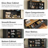 Tall Pantry Cabinet, Modern Kitchen Hutch with Microwave Stand, Kitchen Pantry Storage Cabinet with 2 Darwers & Door Shelf, Food Pantry with Glass Doors & Adjustable Shelves for Dining Room, Black Gyfimoie