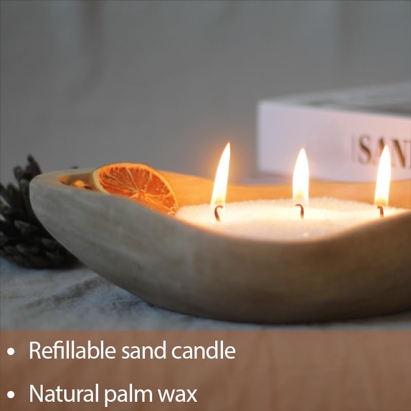 GrusoSP Reusable Wooden Dough Bowl Candle with Pearled Candle Sand 18 Oz Unscented Candle Refill Kit DIY Candle Making Kit Powder Candle with 30 Wicks (White) GrusoSP