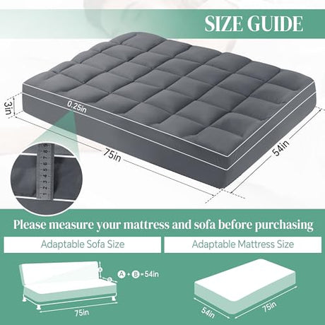 HOMBYS Extra Thick Fitted Futon Mattress Cover Full Size with Anti-Slip Elastic, Plush Down-Alternative Filling for Enhanced Comfort, 100% Polyester Futon Topper, Grey, Cover Only HOMBYS