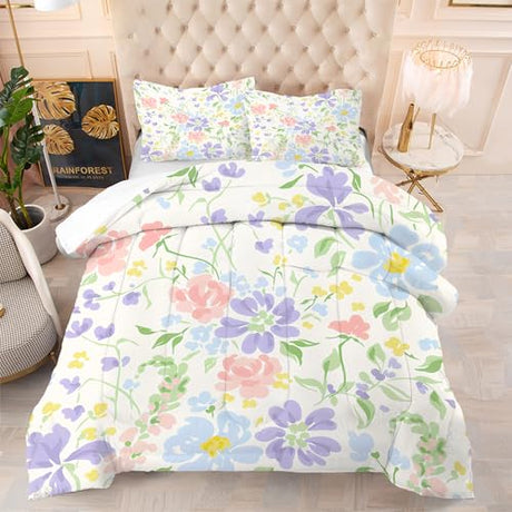 EDGZKO Cute Floral Comforter Set Full Size Girls Daisy Flower Bedding Set for Boys Kids Teens Adults Pink Blue Floral Quilt Duvet Bed Set Botanical Pattern Decor 1 Comforter & 2 Pillowcases EDGZKO