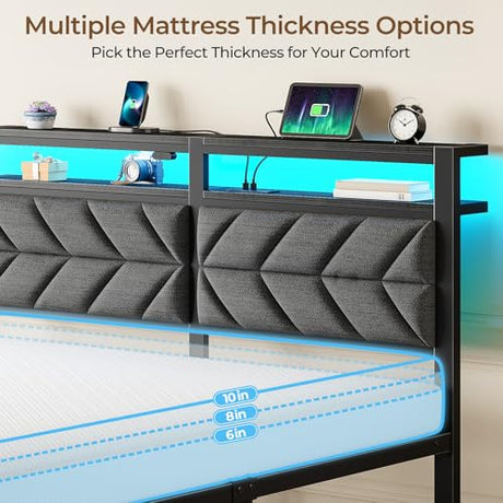 Seventable Full Size Bed Frame with Charging Station & LED Lights, Upholstered Headboard with Storage Shelves, Metal Platform with Under Bed Storage, No Box Spring Needed, Easy Assembly, Dark Grey Seventable
