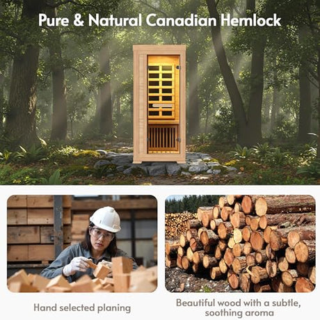 ENSTVER Infrared Wood Sauna 5.4Ft 1 Person, Luxury Full Spectrum Far Infrared Sauna Features Low EMF 1240w 7-Light Dynamic & Music Speakers, Canadian Hemlock Dry Indoor Saunas for Home & Gym ENSTVER