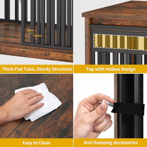 DWVO 55" Extra Large Dog Crate Furniture, Heavy Duty Metal Dog Kennel TV Stand with Sliding Door, Wooden Dog Cage Table with Dog Bowl for Extra Large Medium Dogs or 2 Small Dogs, Rustic Brown DWVO