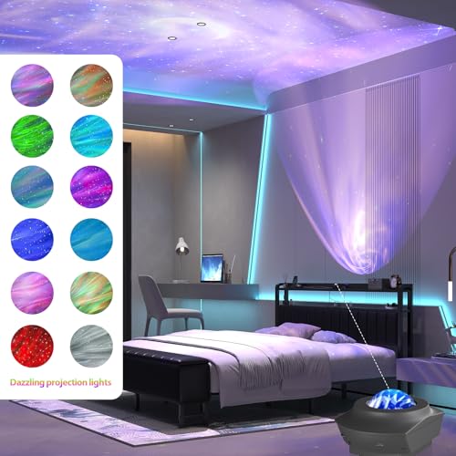 King Size Bed Frame with Star Projector & Charging Station, PU Leather Upholstered Platform with 2-Tier Storage Headboard & Storage Ottoman, Metal Support, Noise-Free, No Box Spring Needed, Black E-Motie