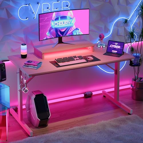 Bestier Small Gaming Desk with Monitor Stand, 42 inch LED Computer Desk, Gamer Workstation with Cup Holder & Headset Hooks, Modern Simple Style Desk for Home Office, Carbon Fiber Pink Bestier