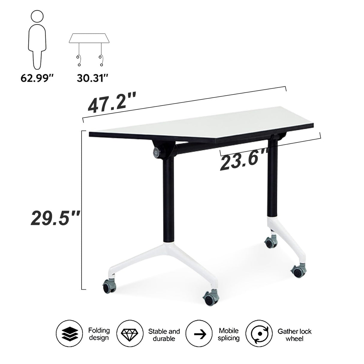 Folding Conference Table,Large Conference Meeting Table for 8 People,Modern Mobile Training Table with Wheels,Rolling Conference Room Tables with Metal Frame,Meeting Seminar Table 47.2x23.6x29.5in AFBZR
