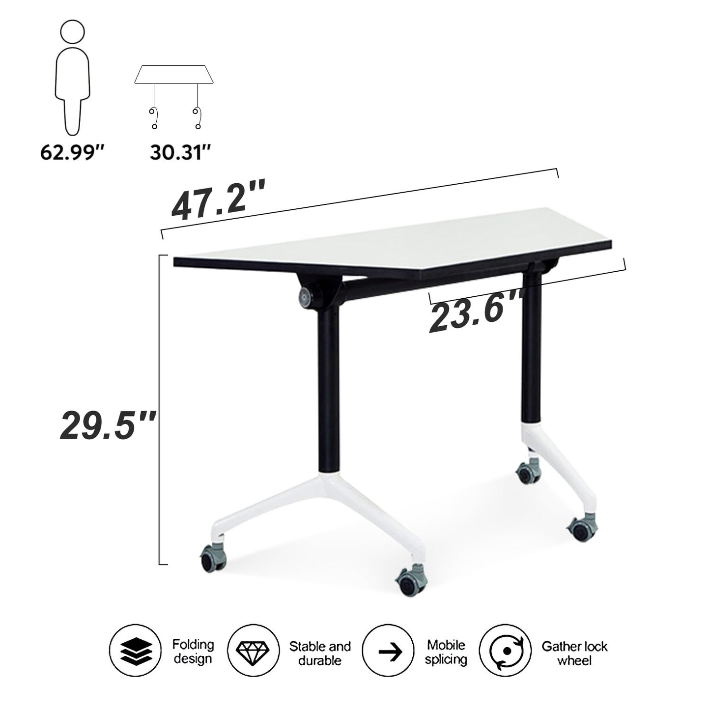 Folding Conference Table,Large Conference Meeting Table for 8 People,Modern Mobile Training Table with Wheels,Rolling Conference Room Tables with Metal Frame,Meeting Seminar Table 47.2x23.6x2 - WoodArtSupply