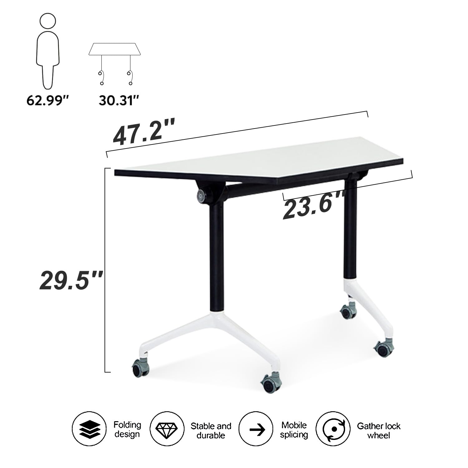 Folding Conference Table,Large Conference Meeting Table for 8 People,Modern Mobile Training Table with Wheels,Rolling Conference Room Tables with Metal Frame,Meeting Seminar Table 47.2x23.6x2 - WoodArtSupply