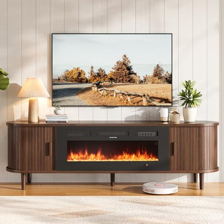 OneBlis 70" Mid Century Modern TV Stand with Fireplace, Fluted Fireplace TV Stand, Entertainment Center with Sliding Door, TV Console with Solid Wood Legs for Living Room, Walnut OneBlis
