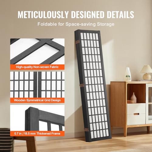 VEVOR Room Divider, 6 Panel Japanese Room Divider, Folding Privacy Screen Indoor, Portable Partition Dividers and Decoration Screens, for Room Separation, Home, Office, Restaurant & Bedroom (Black) VEVOR