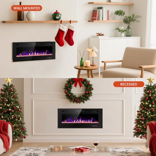 Electactic Electric Fireplace 42 inch, Recessed and Wall Mounted Electric Fireplace with Remote Control, Fireplace Heater, Linear Fireplace with Timer, Adjustable Flame Color, 750w/1500w, Black Electactic