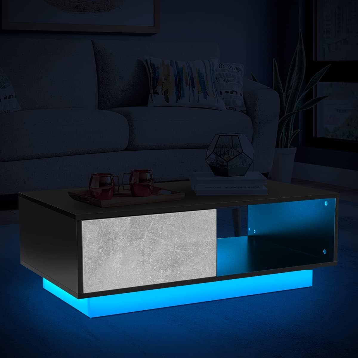 HOMMPA Led Coffee Table for Living Room Grey Black Coffee Table with LED Lights Low Profile Center Table with High Gloss Cocktail Table with Led Lights for Small Place 13" Tall HOMMPA
