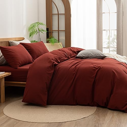 BESTOUCH Duvet Cover Set 100% Washed Cotton Linen Feel Super Soft Comfortable Chic Lightweight 3 PCs Home Bedding Set Solid Fired Brick Red Full/Double BESTOUCH
