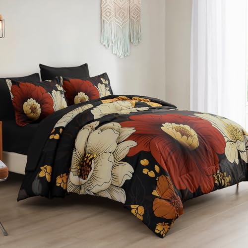 Xruibed Black Floral Comforter Set Queen Size 7 Pieces Bed in a Bag Flower Bedding Sets Lightweight Boho Bed Set with Sheet,Pillowcases&Shams for All Season Xruibed
