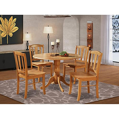 East West Furniture Dublin 5 Piece Kitchen Set for 4 Includes a Round Room Table with Dropleaf and 4 Dining Chairs, 42x42 Inch, Oak - WoodArtSupply