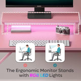 Bestier Small Gaming Desk with Monitor Stand, 42 inch LED Computer Desk, Gamer Workstation with Cup Holder & Headset Hooks, Modern Simple Style Desk for Home Office, Carbon Fiber Pink Bestier
