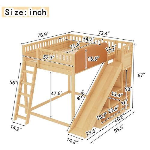 Bellemave Bunk beds Full Over Full with Slide and Stair and upholstered headboard, Low bunk/loft Bed for Kids，Natural Bellemave