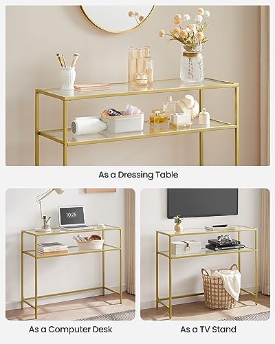 VASAGLE 39.4 Inch Console Sofa Table, Modern Entryway Table, Tempered Glass Table, Metal Frame, 2 Shelves, Adjustable Feet, for Living Room, Hallway, Gold Color ULGT025A01 VASAGLE