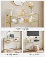 VASAGLE 39.4 Inch Console Sofa Table, Modern Entryway Table, Tempered Glass Table, Metal Frame, 2 Shelves, Adjustable Feet, for Living Room, Hallway, Gold Color ULGT025A01 VASAGLE