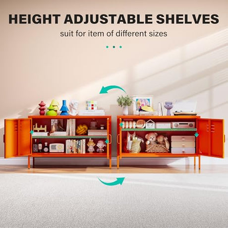 SISESOL Orange Metal Storage Cabinet with Doors and Shelves,2 Door Wide Metal Locker Accent Storage Cabinet with Leg & Vent Hole,Wide TV Cabinets,Low Side Cupboard for Home,Office,Dining/Living Room SISESOL