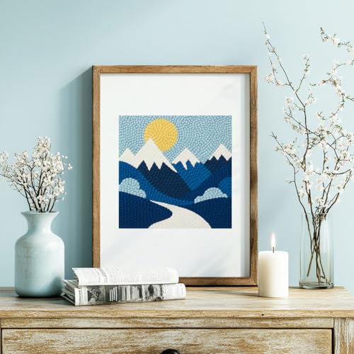 DOODLREAM Mountains DIY Punch Needle Embroidery Kit for Adult Beginner, 9.4" Landscape Sunrise Punch Stitching Craft Set for Starter with Frame, Fabric Pattern, Threader, Yarn, Pinch Needle