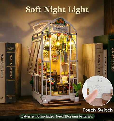 Fimeetoy Book Nook Kit for Adults, Miniature House Kit Doll House DIY Crafts for Adult Teen, Tiny House Bookshelf Decor with LED Light, 3D Puzzle Book Ends Garden House Birthday Gift for Women Friends