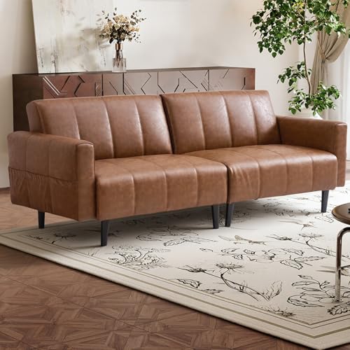 hausway 83”Faux Leather Futon Couch,Mid Century Modern Convertible Faux Leather Sofa with Adjustable Backrest,Storage Pocket,Wooden&Steel Frame for Office,Living Room,Space-Saving,Brown hausway
