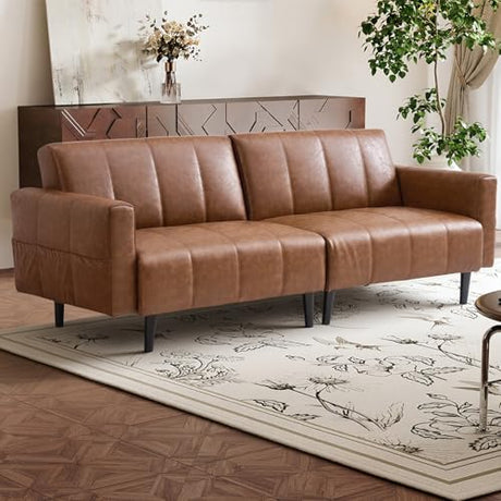 hausway 83”Faux Leather Futon Couch,Mid Century Modern Convertible Faux Leather Sofa with Adjustable Backrest,Storage Pocket,Wooden&Steel Frame for Office,Living Room,Space-Saving,Brown hausway