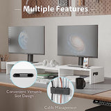 BONTEC Dual Monitor Stand Riser with Smartphone Holder, Adjustable Length & Swivel Angle Wooden Desktop Organizer Stand PC Riser for PC Monitor Laptop Printer, White BONTEC