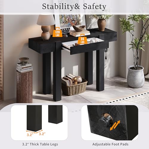 Aiuyesuo Rustic Minimalist Console Table with Hidden Drawer, Wood Entryway Table with Side Power Outlet for Entryway, Living Room and Home Office (Black-X210) Aiuyesuo