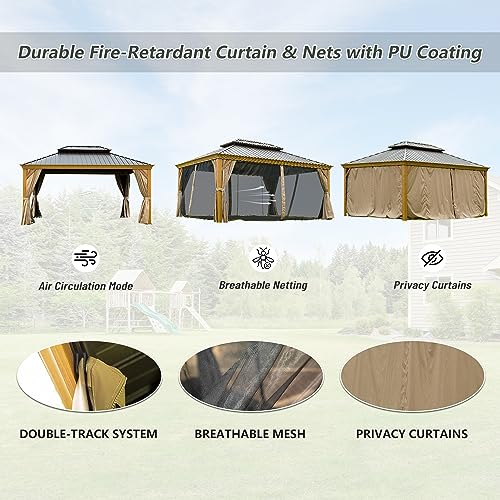 12’ x 16’ Hardtop Gazebo Outdoor Aluminum Wood Grain Gazebos with Galvanized Steel Double Canopy for Patios Deck Backyard,Curtains&Netting by domi outdoor living - WoodArtSupply