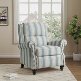 Qatiby Pushback Recliner Chair, Comfy Fabric Wingback Recliner Chair, Upholstered Armchair Push Back Recliner with Wood Legs, Rivet Trim Single Sofa Accent Chair for Living Room, Bedroom, Blue Stripe