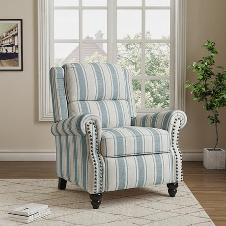 Qatiby Pushback Recliner Chair, Comfy Fabric Wingback Recliner Chair, Upholstered Armchair Push Back Recliner with Wood Legs, Rivet Trim Single Sofa Accent Chair for Living Room, Bedroom, Blue Stripe Qatiby