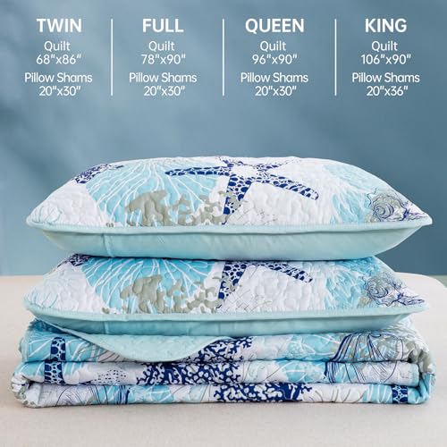 Dinjoy Coastal Quilt Set Twin Size, Blue Ocean Beach Themed Bedding Set Coral Seashell Conch Starfish Pattern Microfiber Lightweight Summer Bedspread Coverlet Bed Set All Season(68x86 Inch) Dinjoy
