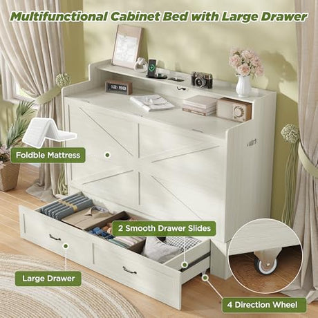 Maupvit Queen Size Murphy Bed, Foldable Bed with Charging Station and Storage Drawer, Farmhouse Platform Bed Cabinet for Guest Room, Living Room, Office, Small Spaces, Space Saving, Vintage White Maupvit