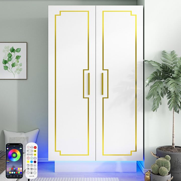 Hlivelood Modern 70in LED 2 Doors Armoires Wardrobe Closet&Cabinet with Hanging Rod, Freestanding Bedroom Armoires with RGB LED 6000-color Lights,Wardrobe Clothes Organizer (White-2 Door Armo - WoodArtSupply