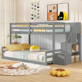 Giantex Twin Over Full Bunk Bed with Stairs, Solid Wood Floor Bunk Bed with Storage Staircase & Full-Length Guardrails, Low Bunk Bed with for Kids, Teens, Adults, Dorm, Small Space, Grey Giantex