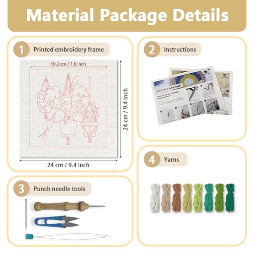 DOODLREAM Monstera Deliciosa DIY Punch Needle Embroidery Kit for Adult Beginner, 9.4" Potted Plant Leaf Punch Stitching Craft Set for Starter with Frame,Fabric Pattern,Threader, Yarn, Pinch Needle