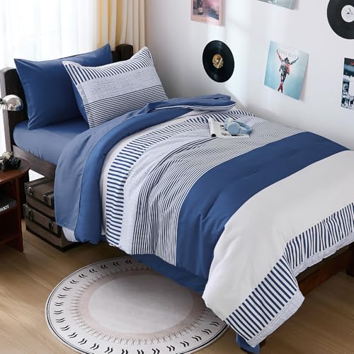 Cottolester Twin Size Comforter Navy Blue Striped Comforters for Boys&Girls,7 Pieces Bed in A Bag Simple Neutral-Style Bedding Sets for Kids Teen Cottolester